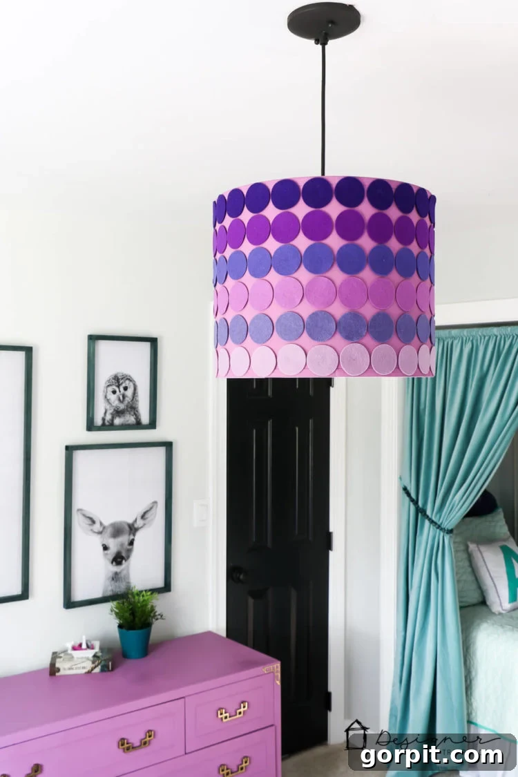 Purple ombre felt lampshade, a unique DIY home decor accent.