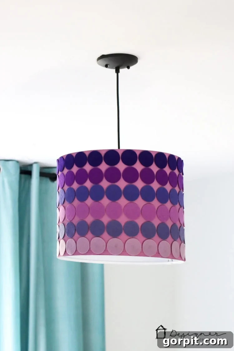 Close-up of the textured, custom DIY lampshade with felt circles.
