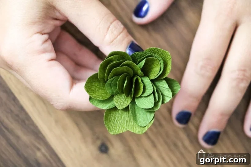 Cricut's Edge: Crafting Impeccable Crepe Paper Succulents 9 Finished DIY crepe paper succulent showcasing intricate details made possible by Cricut Maker.
