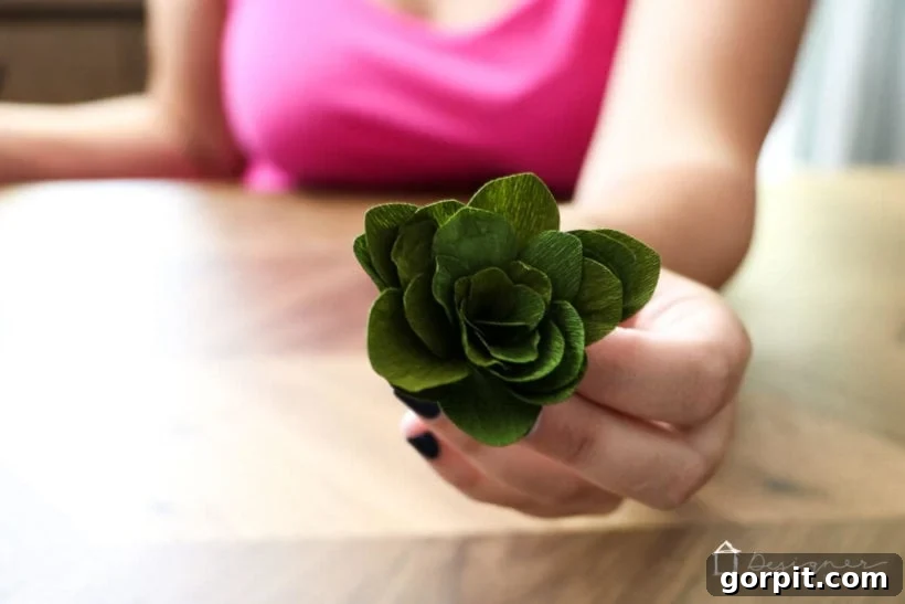Cricut's Edge: Crafting Impeccable Crepe Paper Succulents 10 Close-up of a handmade crepe paper succulent, highlighting realistic texture and form.