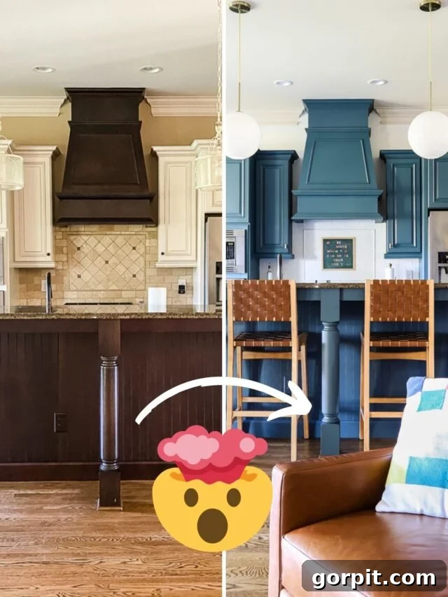 Two side-by-side pictures of the before and after of a budget-friendly kitchen repainting. The kitchen went from brown tones to blue and white using the best paint for kitchen cabinets. There is a "mind blown" emoji in the center. 