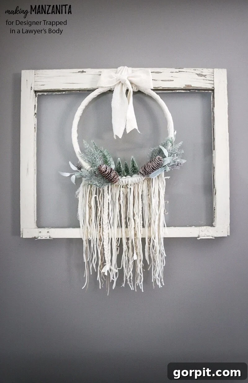 Another perspective of the elegant and cozy DIY Boho Winter Wreath in a home setting