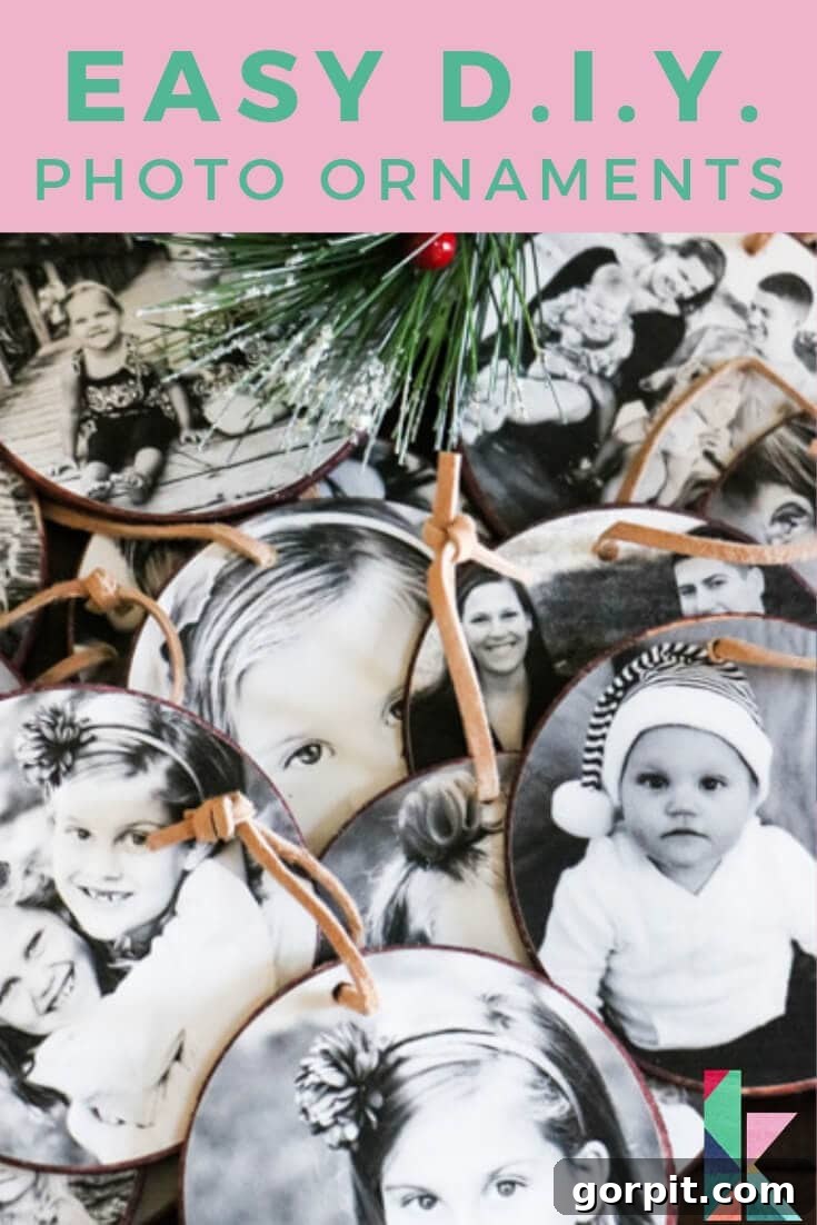 Beautiful DIY photo Christmas ornaments hanging on a tree, showcasing family memories.