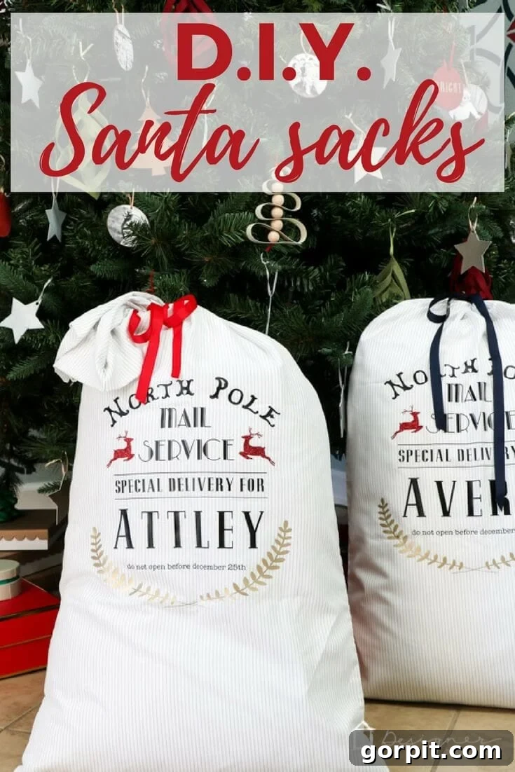 Personalized DIY Santa sacks brimming with gifts, set against a festive Christmas tree backdrop