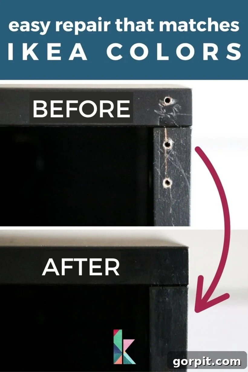 A photo collage displaying before and after comparisons of screw hole repairs on IKEA furniture, highlighting perfect color matching. The overlay text reads "Effortless IKEA furniture repair with flawless color matching."