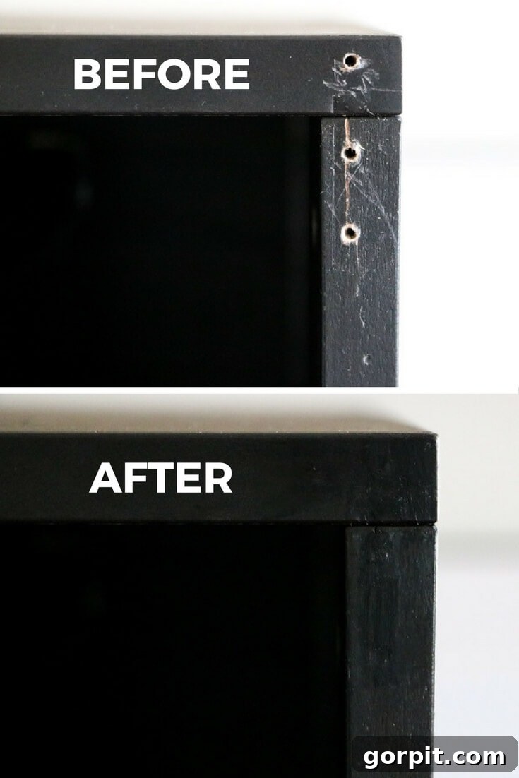 A compelling before and after photo showcasing an easy furniture repair using Mohawk 3-in-1 sticks. The top image, labeled "Before," displays nail hole damage on a furniture piece. The bottom image, labeled "After," clearly illustrates the successful and seamless furniture repair.