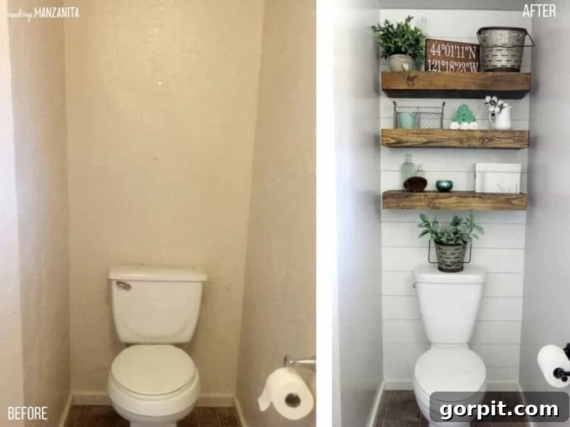 Make Small Rooms Feel Bigger 9 Genius Hacks 13 A side by side picture of before and after toilet updates. The simple white small toilet area on the left has been dressed up with white tile and wooden shelves holding candles and plants above the toilet in the after picture.