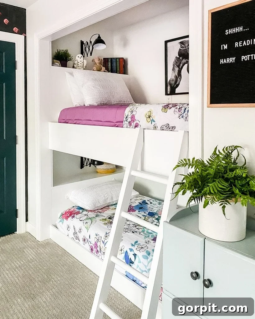 Make Small Rooms Feel Bigger 9 Genius Hacks 20 Built-in white bunkbeds with a small white ladder and built-in book alcoves make a small room look bigger, even in a tween girl's room.