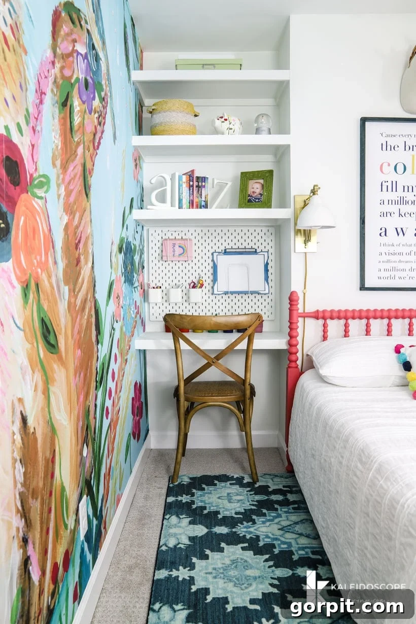 Make Small Rooms Feel Bigger 9 Genius Hacks 21 An awkward space created by a hidden chimney has white built-in floating shelves and a built-in desk between a mural and a white bed.