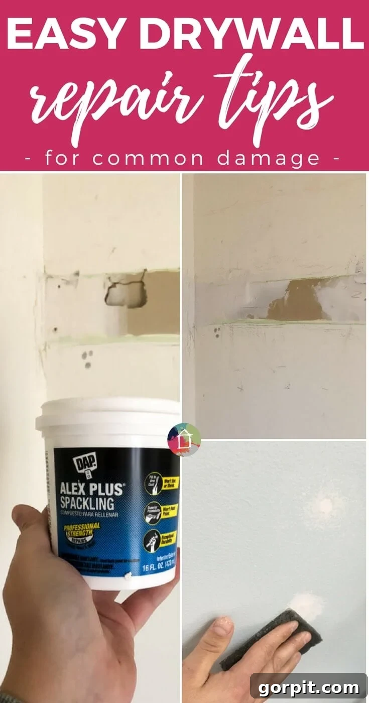 A collage of images showing various stages of easy drywall repair, including filling holes, sanding, and painting.