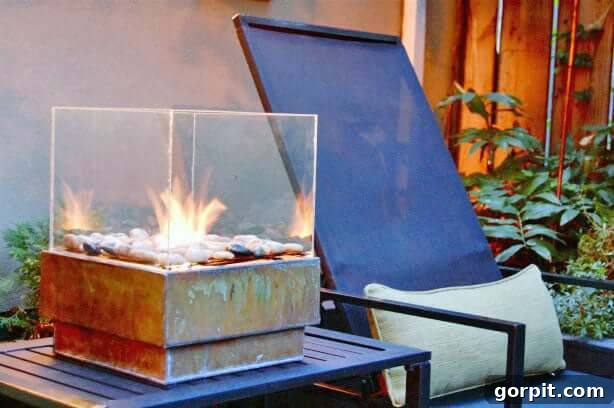 A glass and metal DIY tabletop fire pit next to a blue lounge chair is an example of smaller fire pit ideas, perfect for compact spaces.
