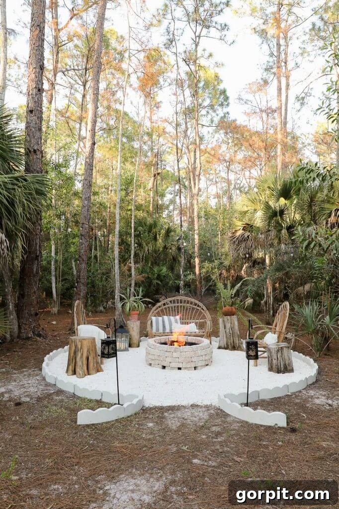 A white gravel firepit in the southern woods with a smokeless fire pit, twin black lanterns, and wicker seating, creating a rustic and inviting ambiance.