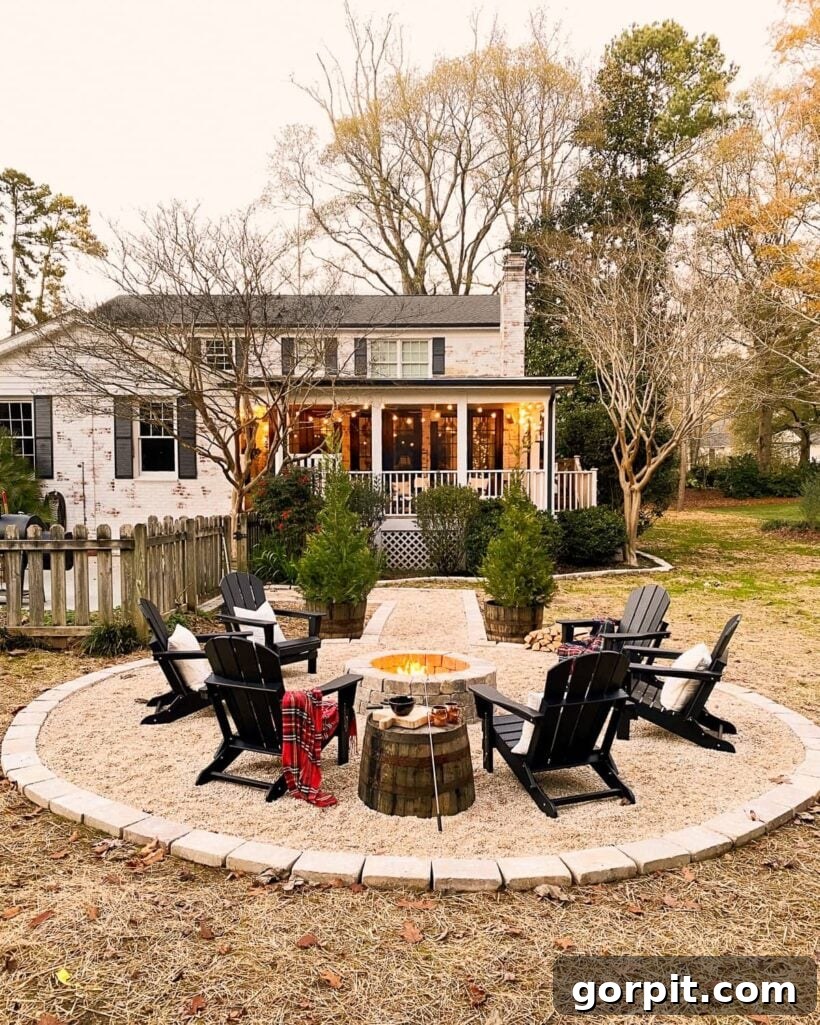 A pea gravel walkway leads to a brick fire pit and black Adirondack chairs and a S'mores station, creating a classic and inviting outdoor living space.