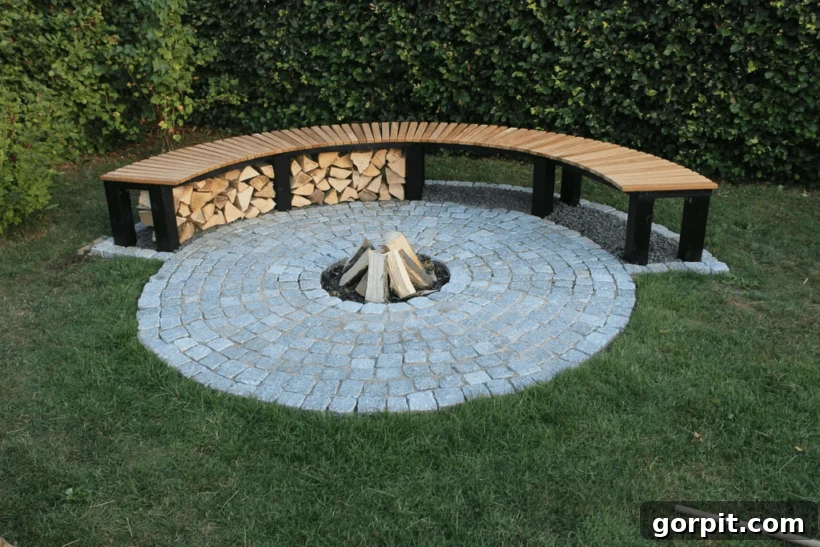 A simple, in-ground DIY fire pit with bench and a neat pile of firewood underneath the seating area. The firepit is framed by circles of landscaping stones, creating a functional and attractive outdoor space.
