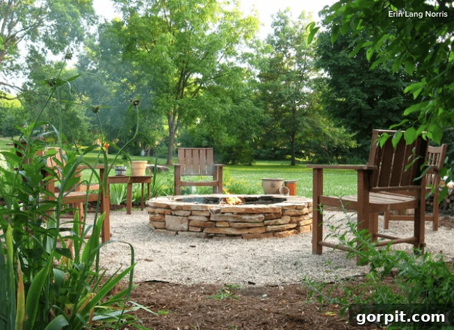 Fire pit ideas like this use the usual stacked stone fire pit design, with seating and plenty of backyard landscaping, creating a beautiful and classic outdoor area.