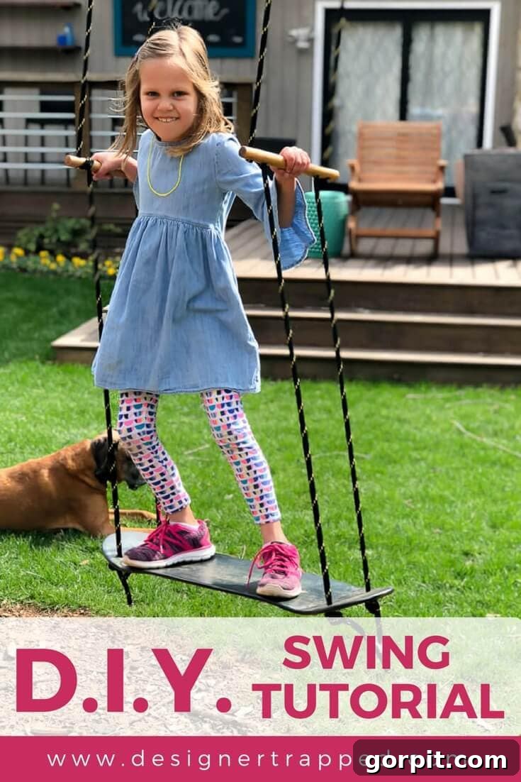 A vibrant, custom-stained DIY skateboard swing hanging from a tree branch in a sunny backyard, ready for kids to enjoy.