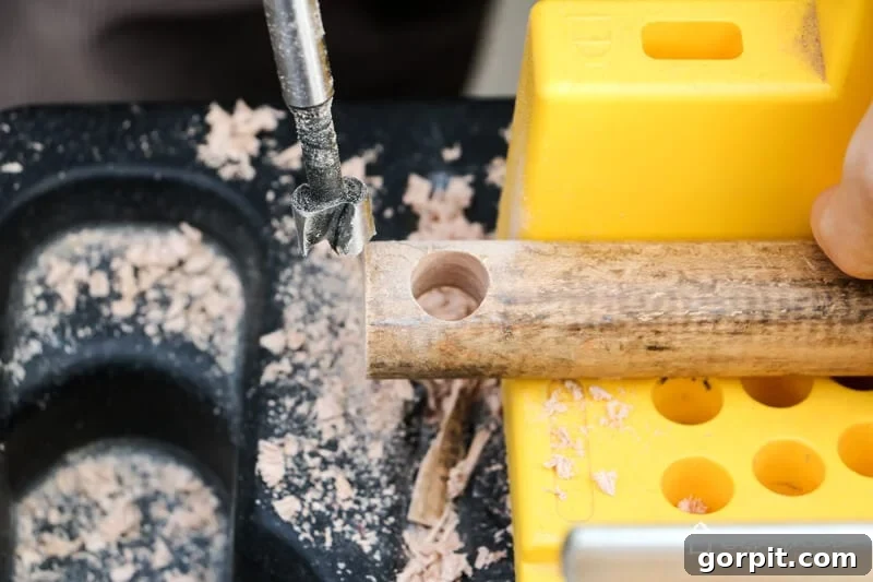 A drilled dowel rod handle, showing the two strategically placed holes for adjustable rope attachment.