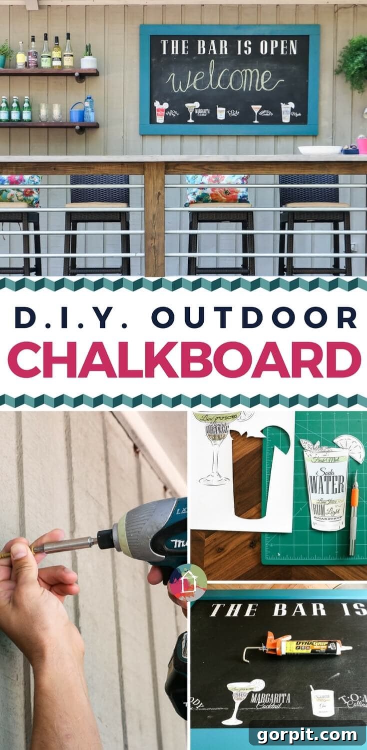 Build a Custom Outdoor Chalkboard 2 Completed DIY outdoor chalkboard hanging on a wooden deck next to a bar