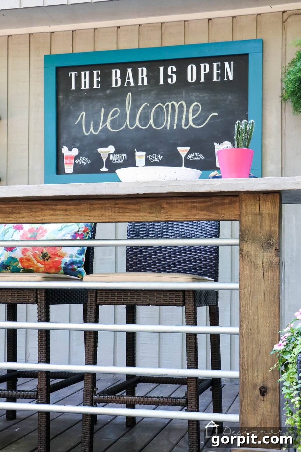 Build a Custom Outdoor Chalkboard 13 Vertical shot of the outdoor chalkboard showing 'THE BAR IS OPEN' and drink menu