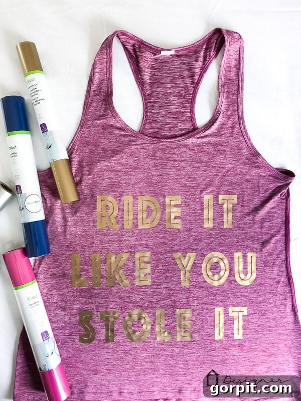 Full shot of a personalized workout top with Cricut SportFlex Iron On, demonstrating how it flawlessly adapts to movement and flex.