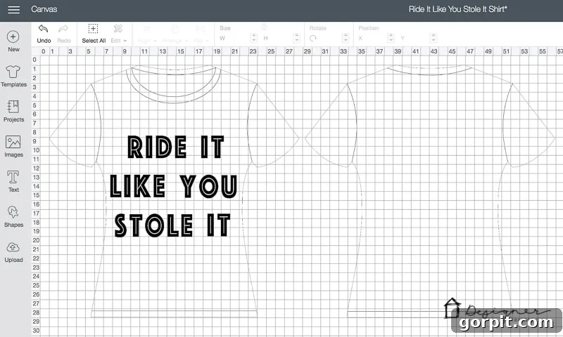 Visualizing SportFlex Iron On designs on a scoop neck t-shirt template in Cricut Design Space for optimal sizing and placement on activewear.
