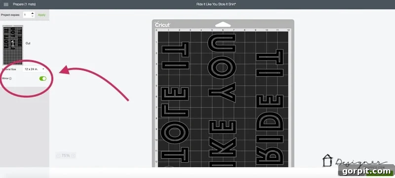 Crucial step for Cricut SportFlex Iron On: mirroring your design in Design Space before cutting to ensure correct application on activewear.