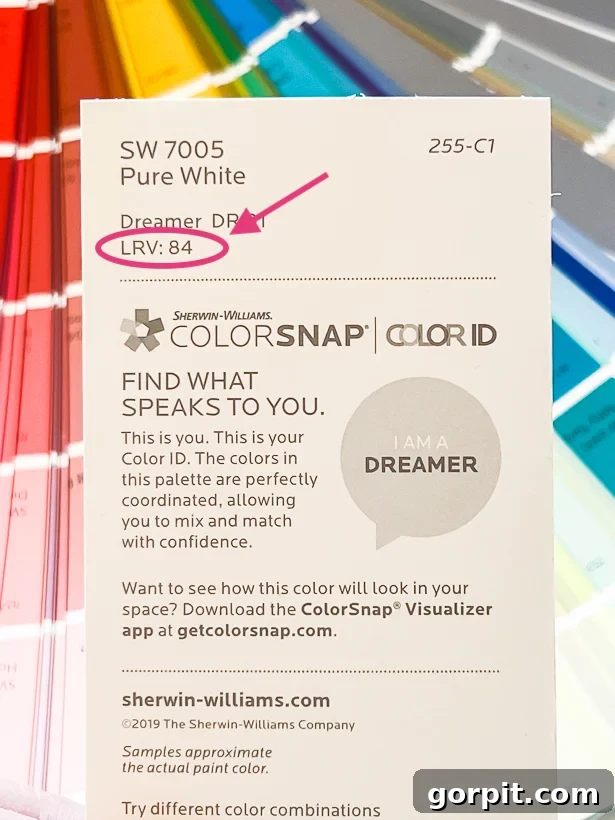 Close-up of the back of a paint chip showing Light Reflectance Value (LRV) details.