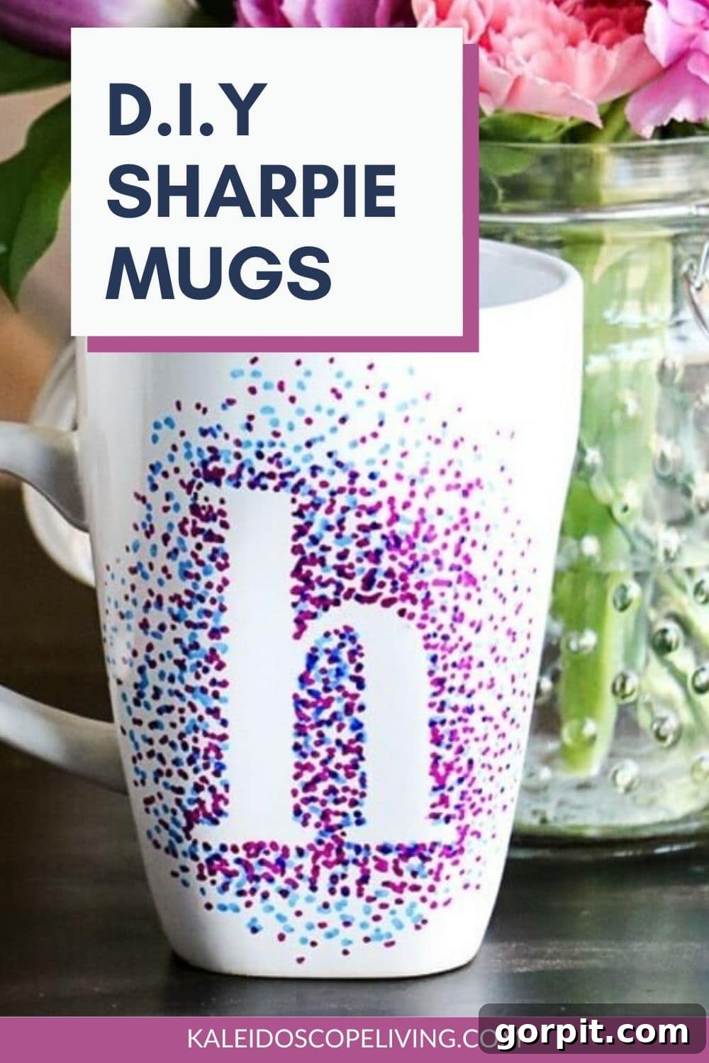 A beautifully customized DIY Sharpie mug with a dotted monogram design.