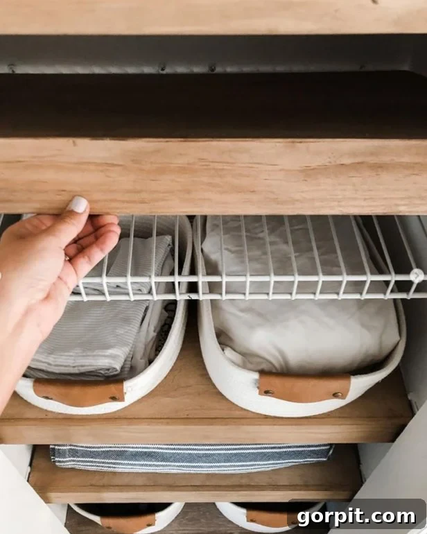 photo of DIY wood shelves covering wire shelving in linen closet