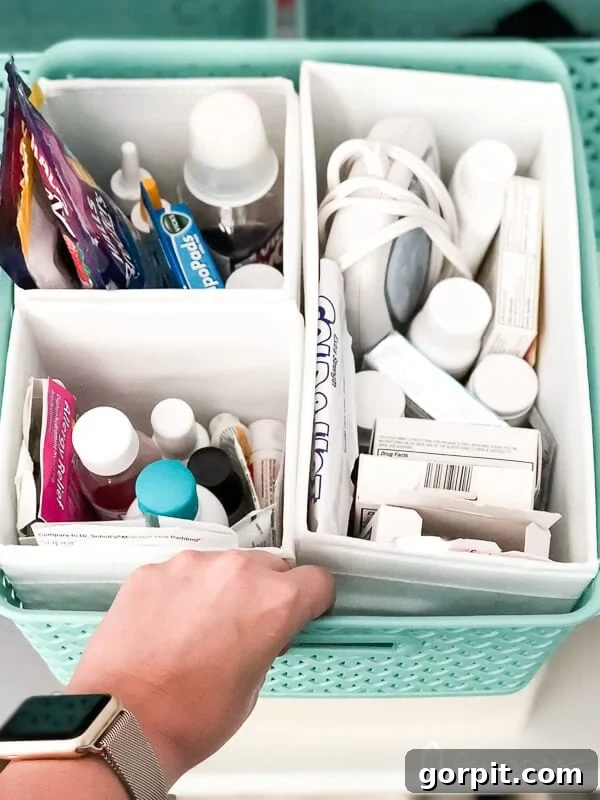 over the counter medications neatly stored in containers in bins