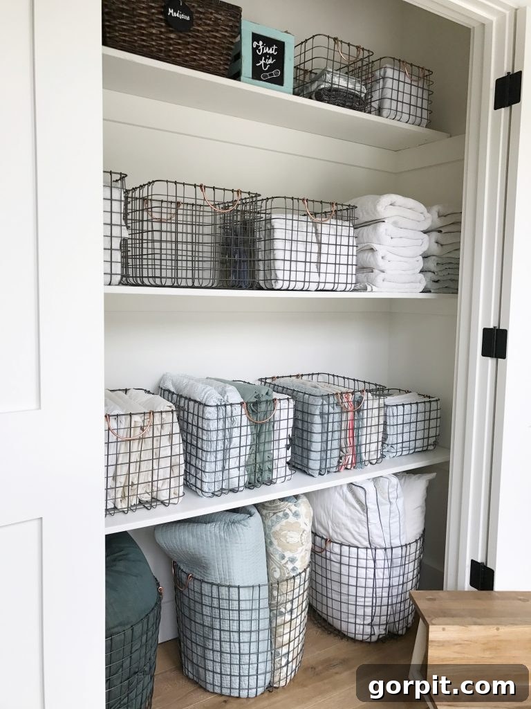 linen closet using vertical folding in wire baskets