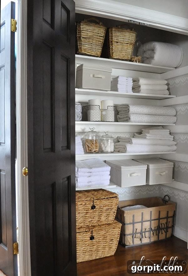 neatly organized linen closet with stenciling and neutral colors