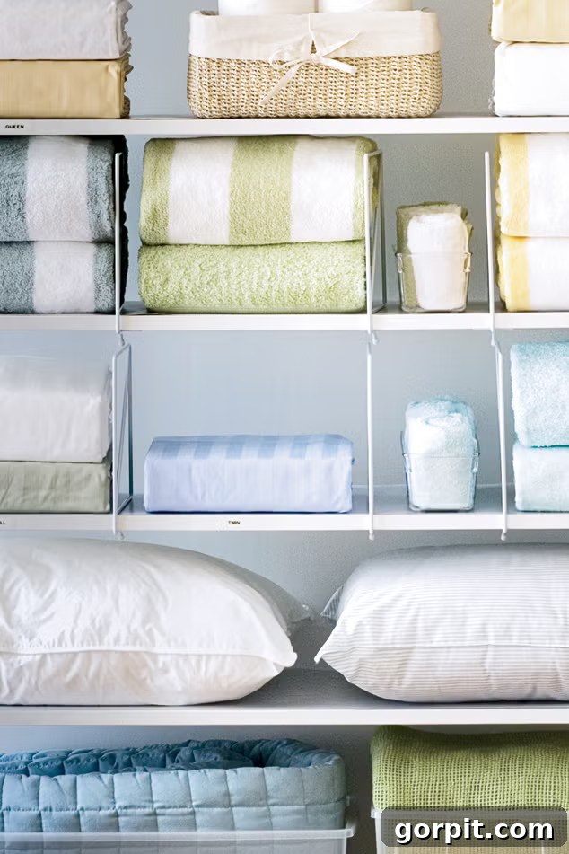 photo of shelf dividers helping keep shelves of linen closet tidy and organized