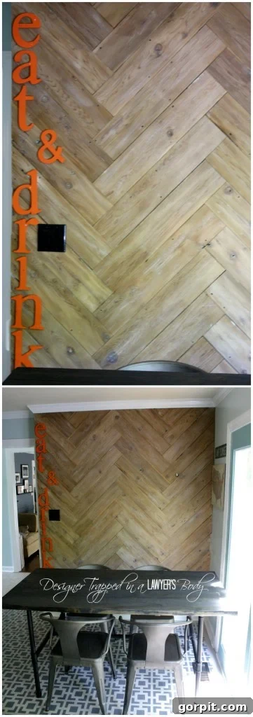 LOVE THIS HERRINGBONE PLANK WALL! Such a cute eat-in area by Designer Trapped in a Lawyer's Body. 