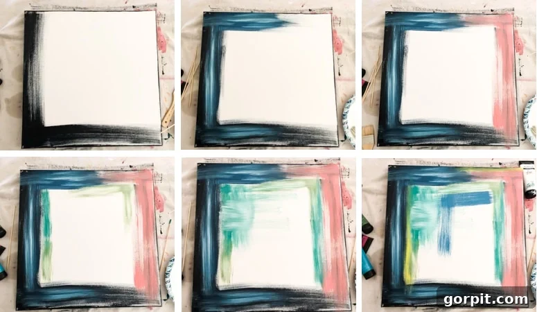 Progress photos of the DIY abstract painting technique