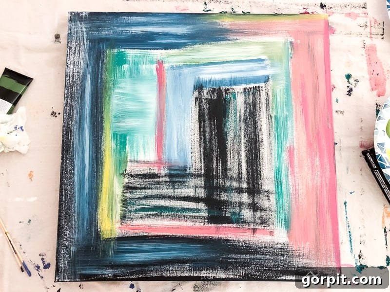 Fully painted DIY abstract canvas before final textural details