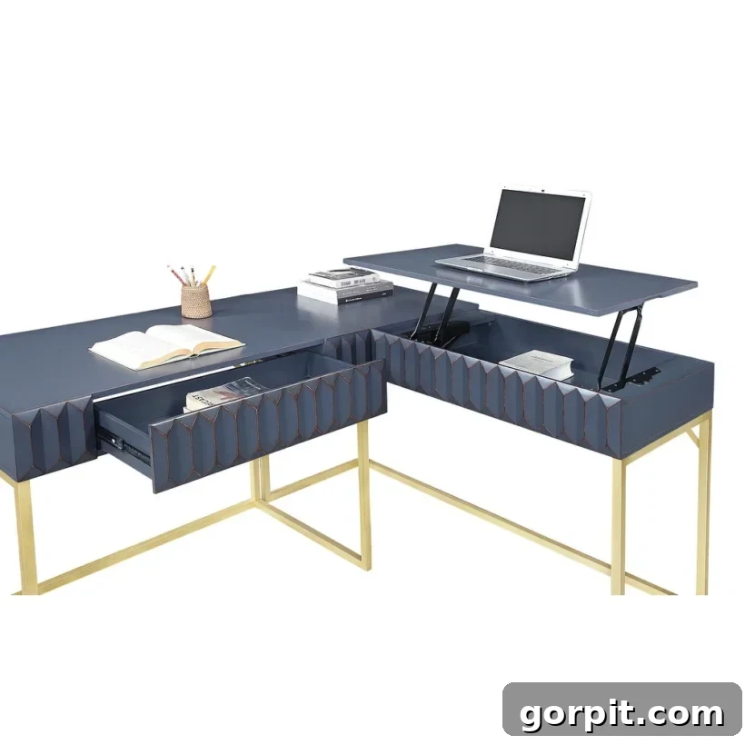 The blue-gray L-shaped corner desk has gold framed supports, two under-desk drawers, and a desk-top converted to a standing work area. This image highlights the desk's innovative lift-top feature, revealing hidden storage and integrated charging.