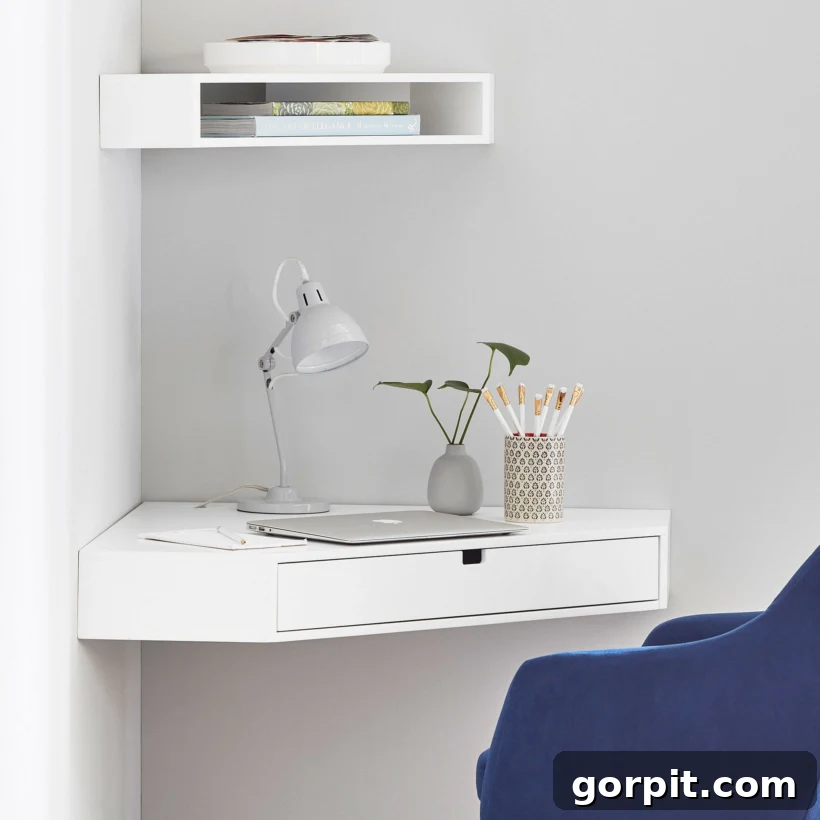 A small white mounted corner desk has a drawer, a laptop, a lamp, a small plant, and a pencil cup. A small shelf above it holds a few books. This wall-mounted desk is a perfect space-saving solution for minimalist or compact home offices.