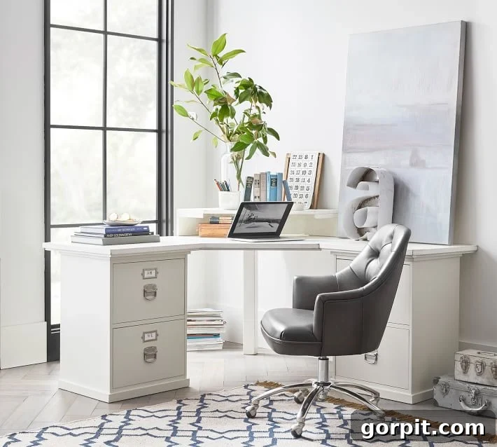 A white modular corner desk is placed facing a floor to ceiling slender window. The desk has neatly placed office supplies and a large potted plant. The clean lines and versatile design make it a perfect addition to a modern or traditional home office.