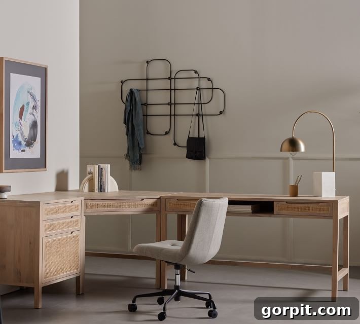 A caned wood corner desk has modules to create the office area that best suits the consumer. A gray chair is in front of the desk that has very few supplies on the surface. This image showcases the desk's modular potential within a stylish home office setting.