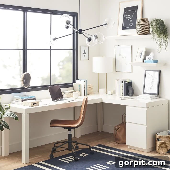 A white, modern corner desk against a large window provides a minimalist and contemporary workspace. A modern light fixture hangs low over the tidy desk. The Parsons L-Shaped Desk is featured, epitomizing clean lines and contemporary design for a sleek home office.