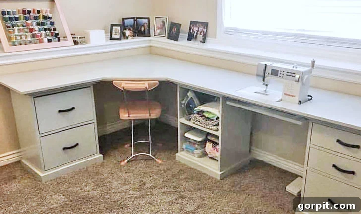 A corner desk made of light gray wood with file drawers and shelves under the desk. Pictures and spools of thread sit on the small shelf over the desk and below the window. A sewing machine is set up on the extended desktop, demonstrating its versatile use for both office work and craft projects.