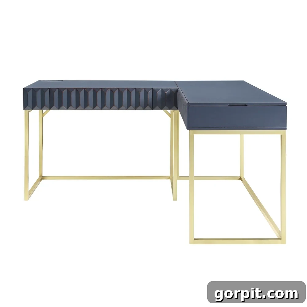 A navy-blue L-shaped corner desk with gold framed supports and decorative ridges, showcasing a sleek and luxurious design.