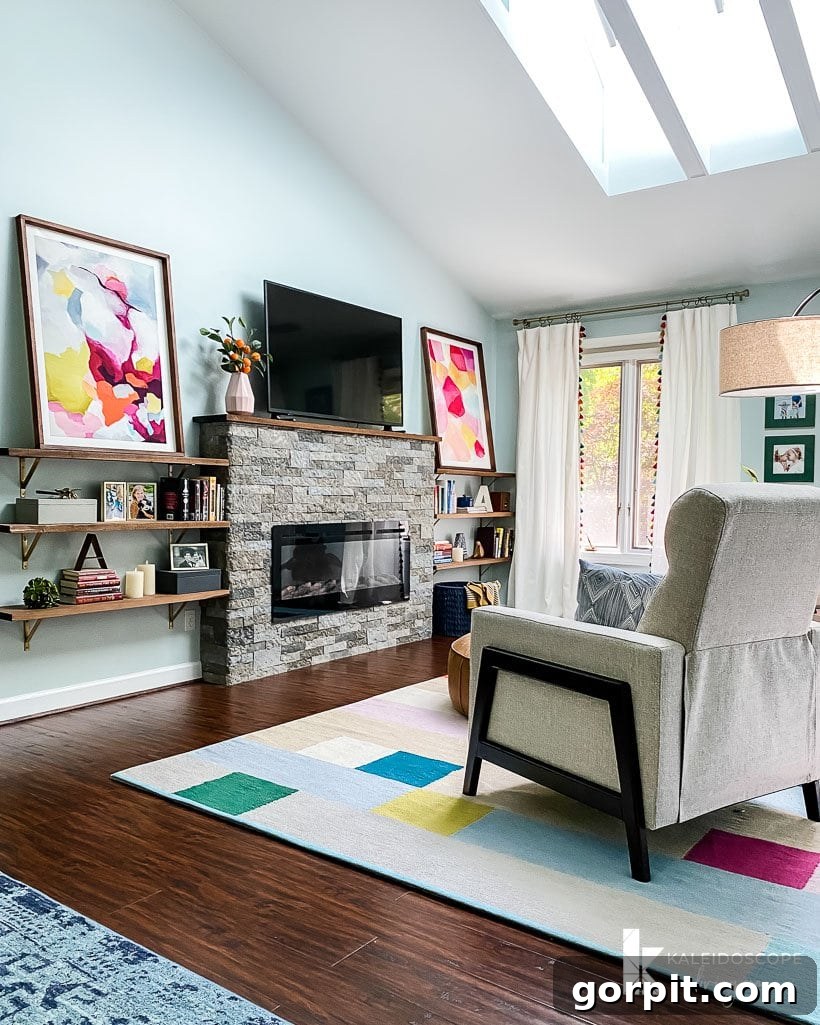 A large master bedroom sitting area with appropriately scaled artwork, demonstrating good white space.