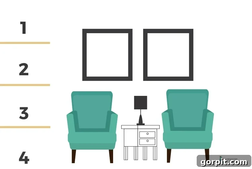 Diagram illustrating the correct height for hanging artwork using the wall quadrant method.
