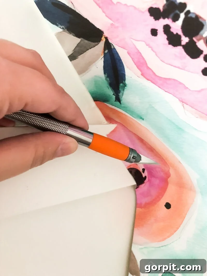 Detail shot of removable wallpaper being cut around a shelf bracket in a closet, showing precision in temporary installation.