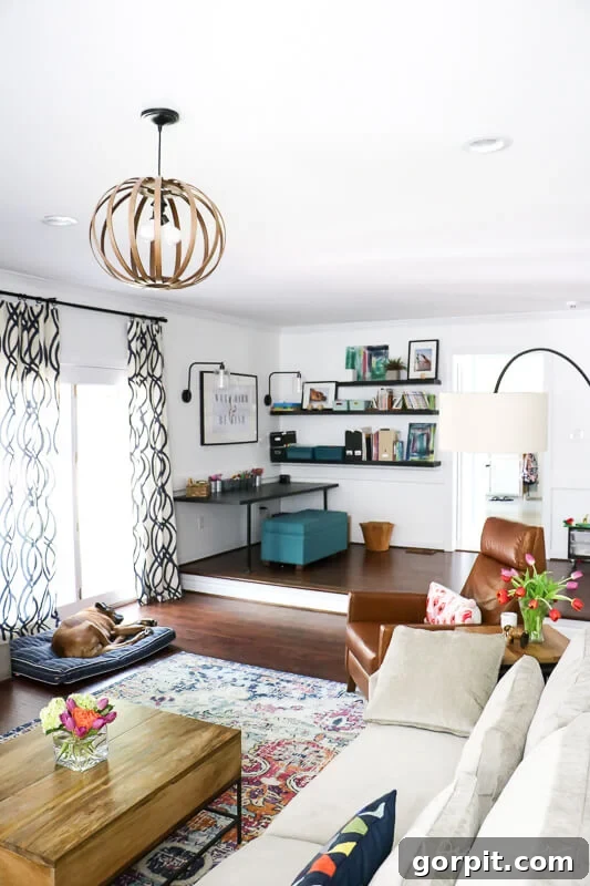 Overview of the integrated play area within a colorful family room, demonstrating how kid-friendly zones can blend with sophisticated design.