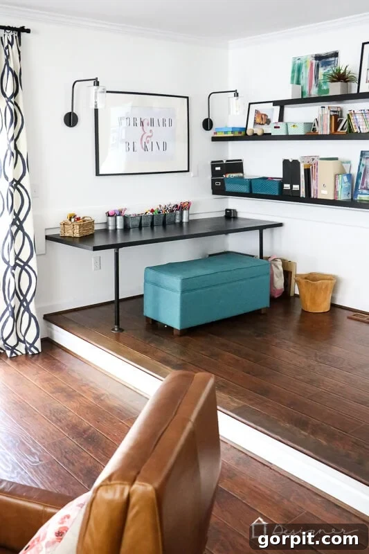 A close-up view of the kid's area in a colorful family room, showing playful decor and a cozy setting for children.