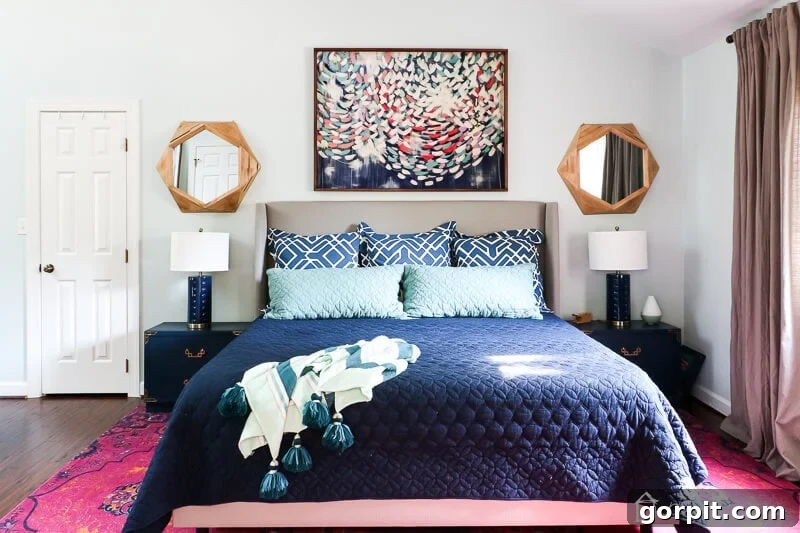 navy and pink bedroom