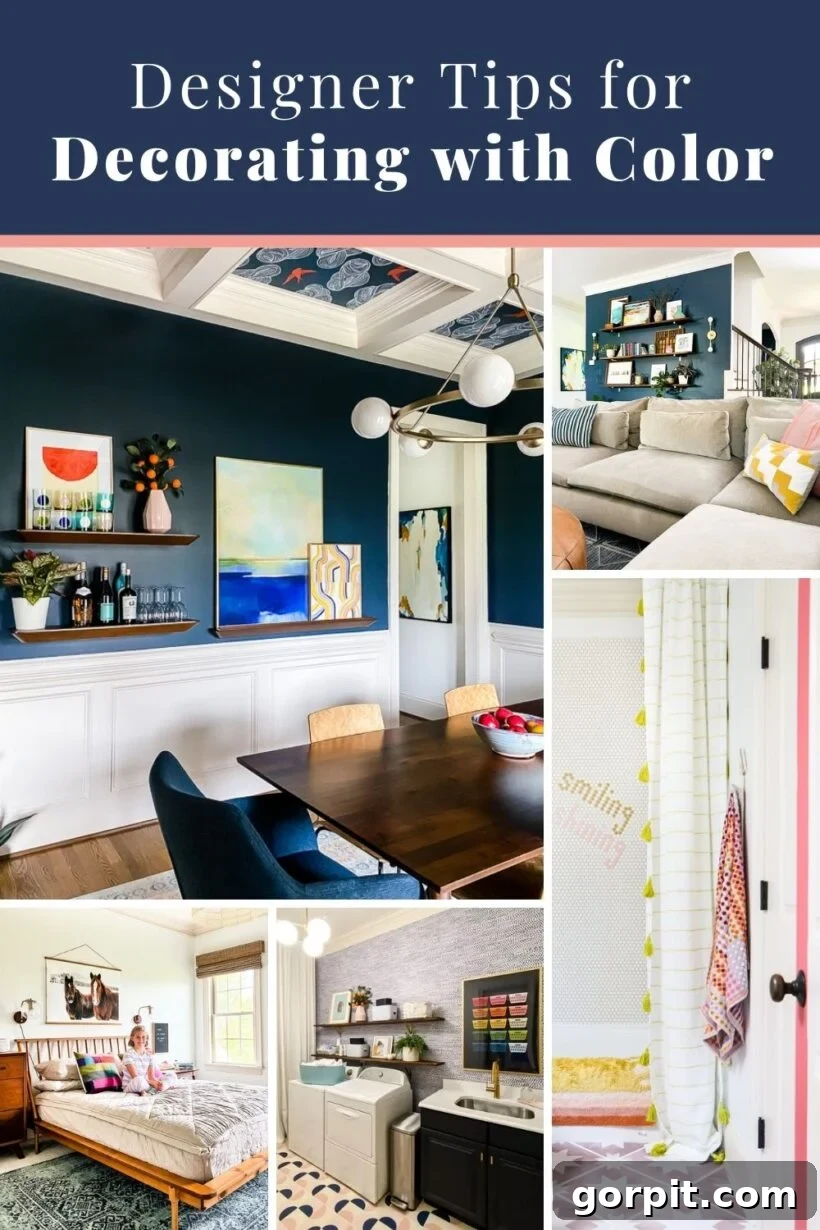 Tips for decorating with color, showcasing a living room with neutral sofa and colorful throw pillows and artwork